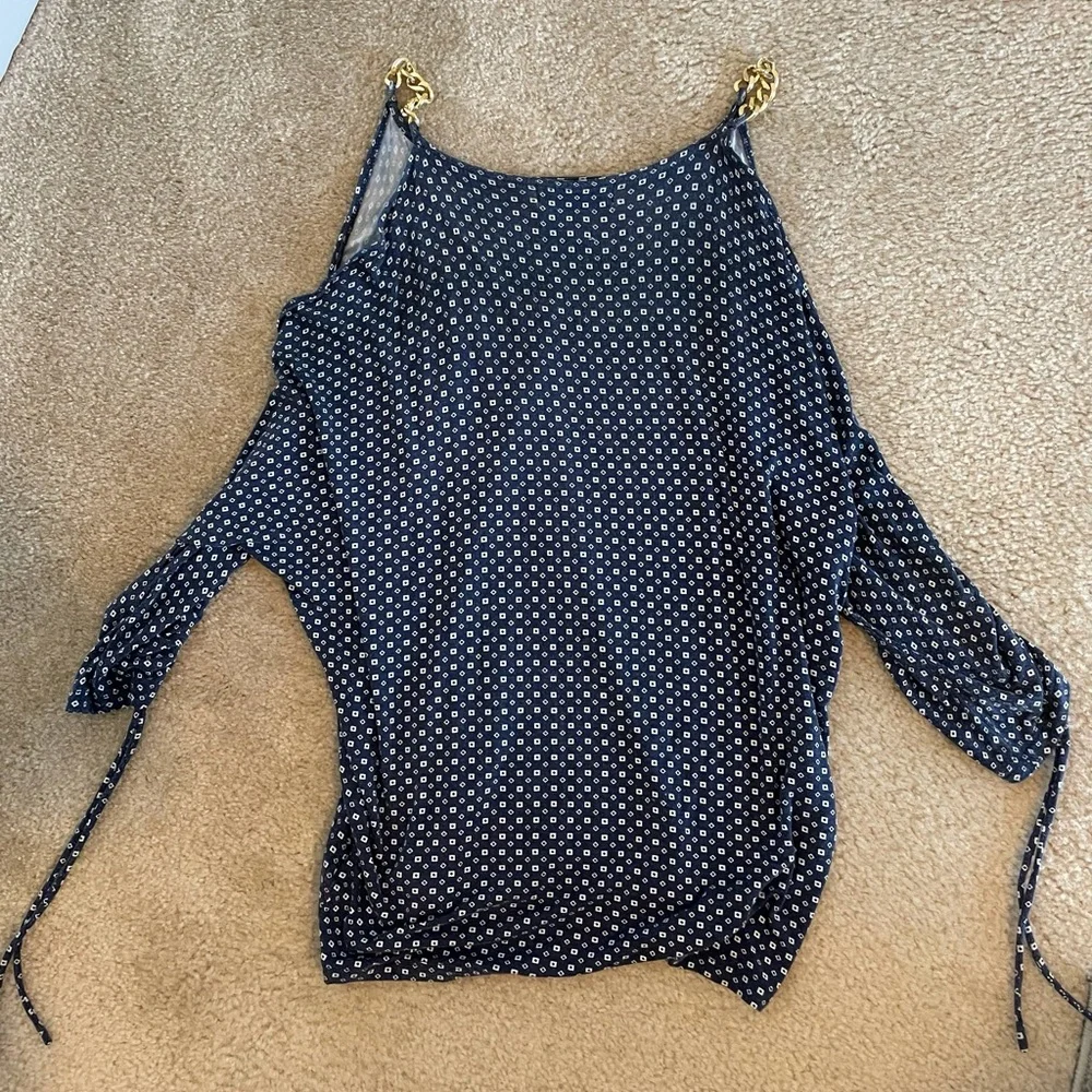 Michael Kors Blue White Gold Chain Cold Shoulder Long-sleeve Top